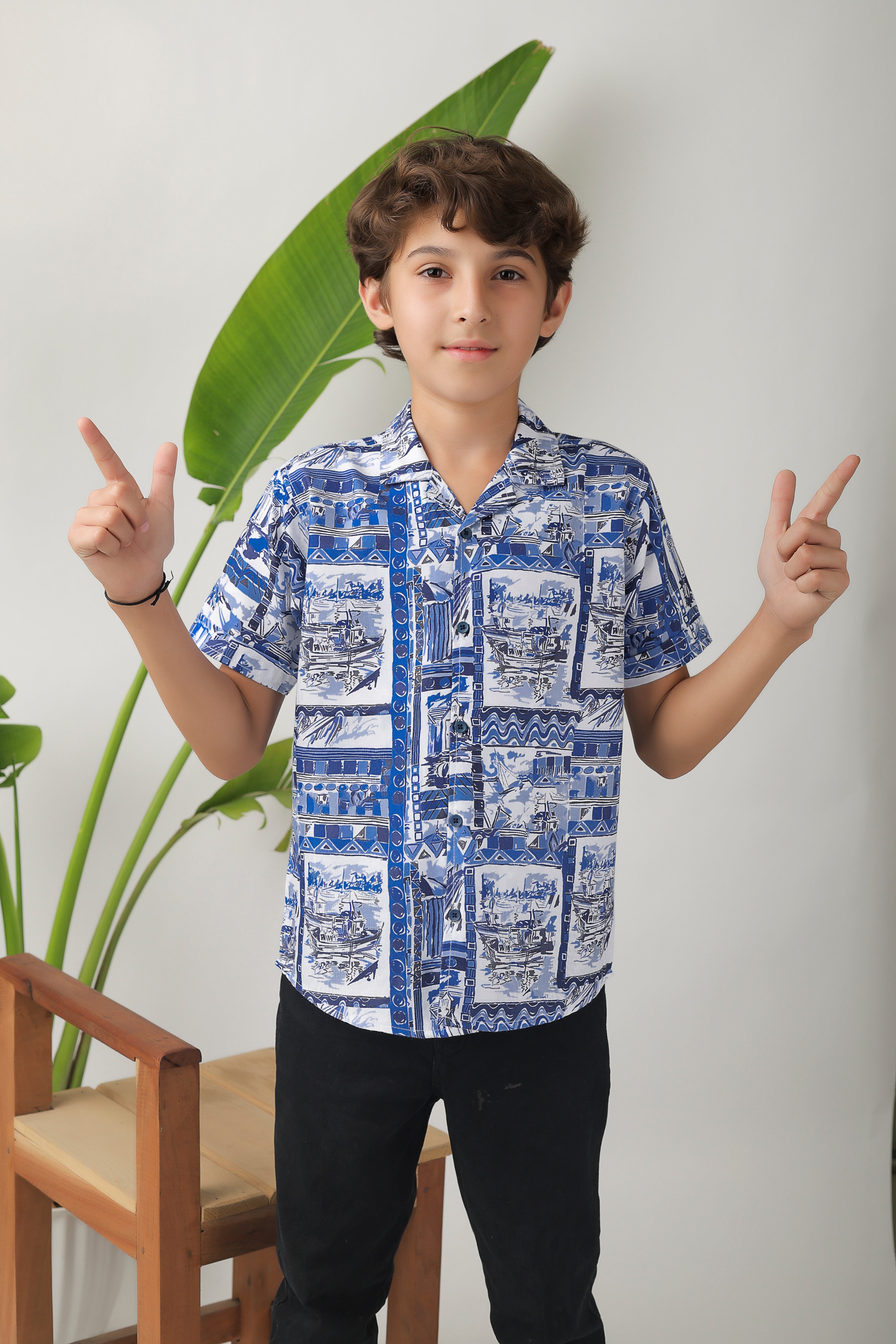 Boys' all-over print, camp-collar short-sleeve shirt