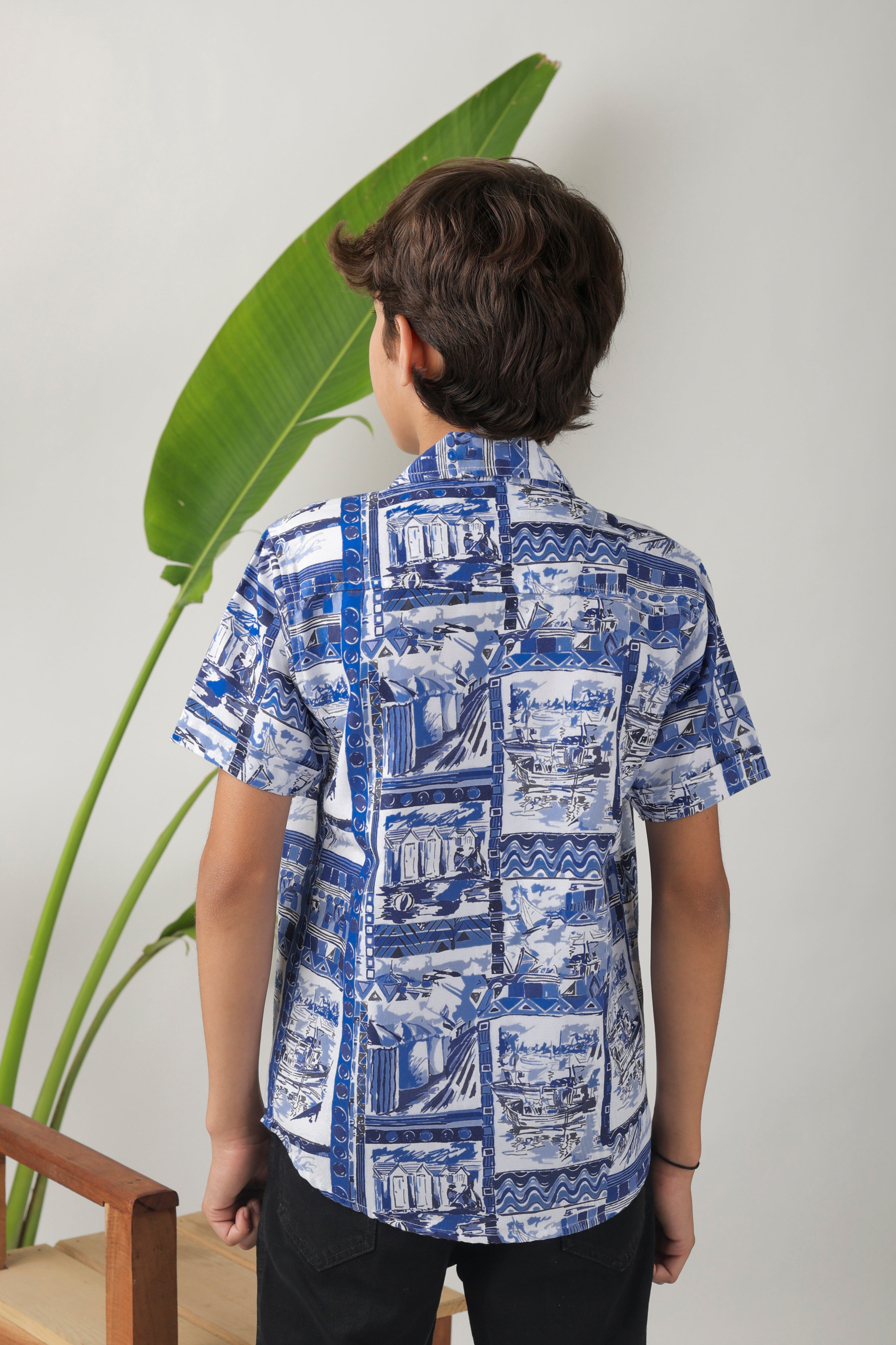 Boys' all-over print, camp-collar short-sleeve shirt