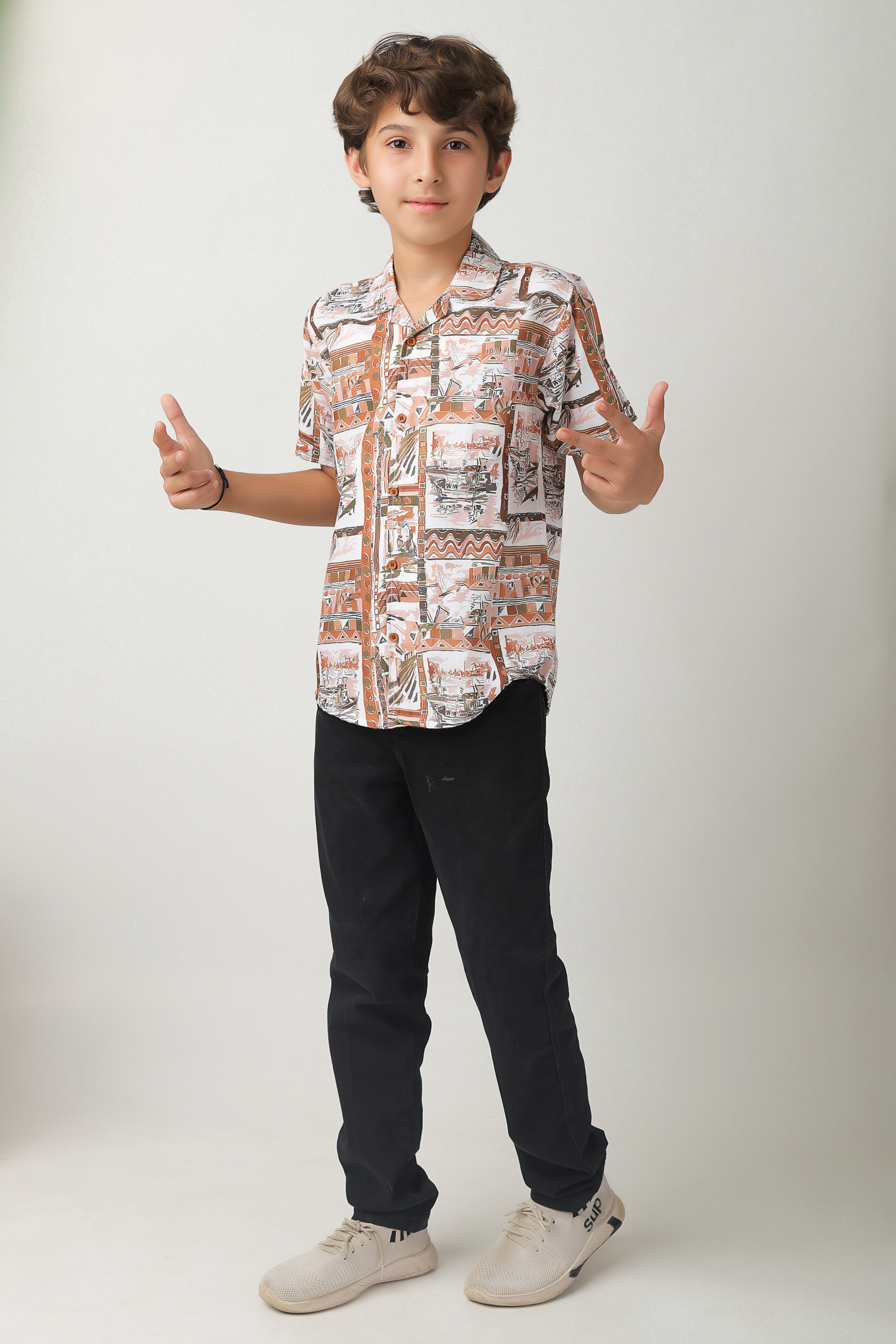 Boys' all-over print, camp-collar short-sleeve shirt