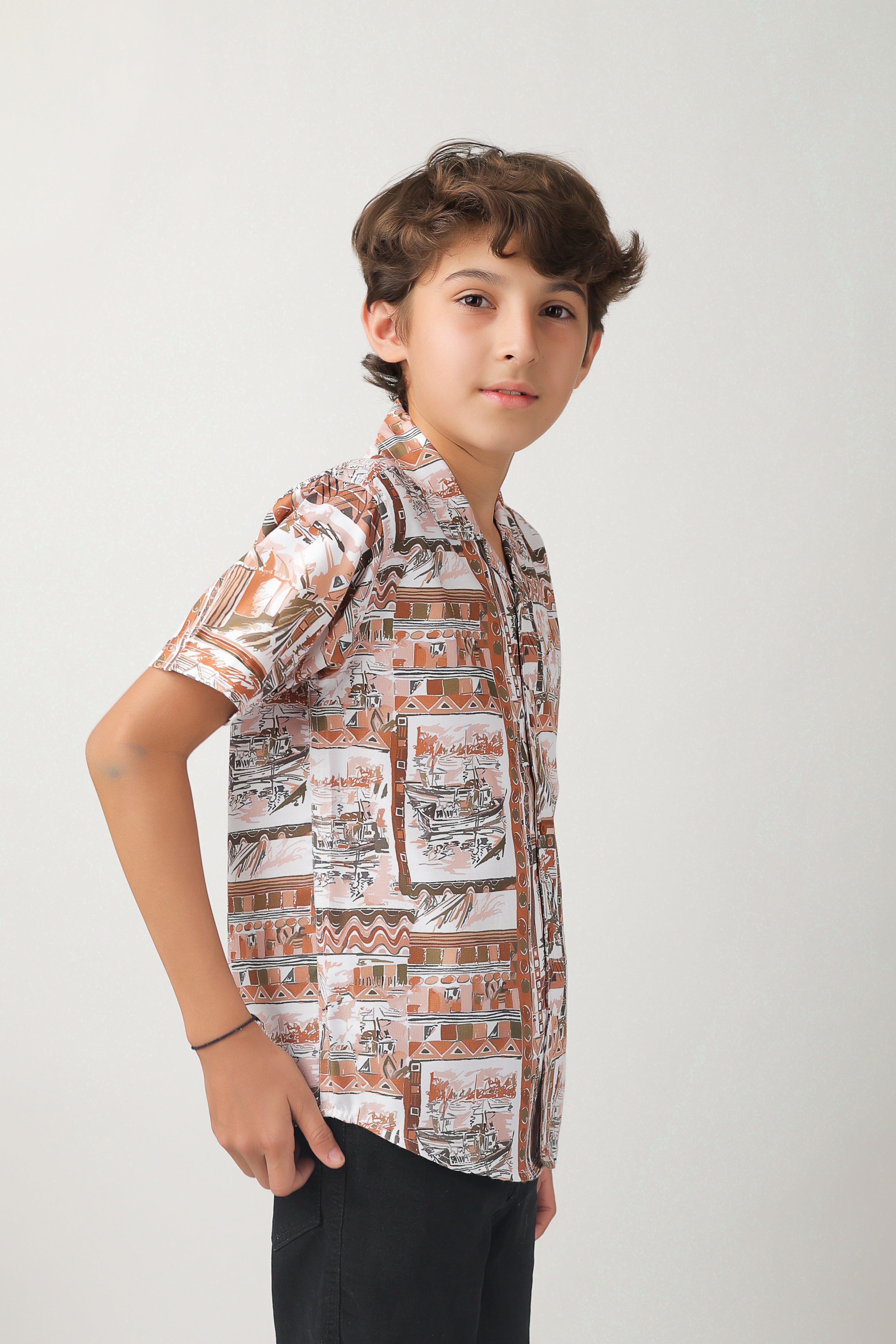 Boys' all-over print, camp-collar short-sleeve shirt