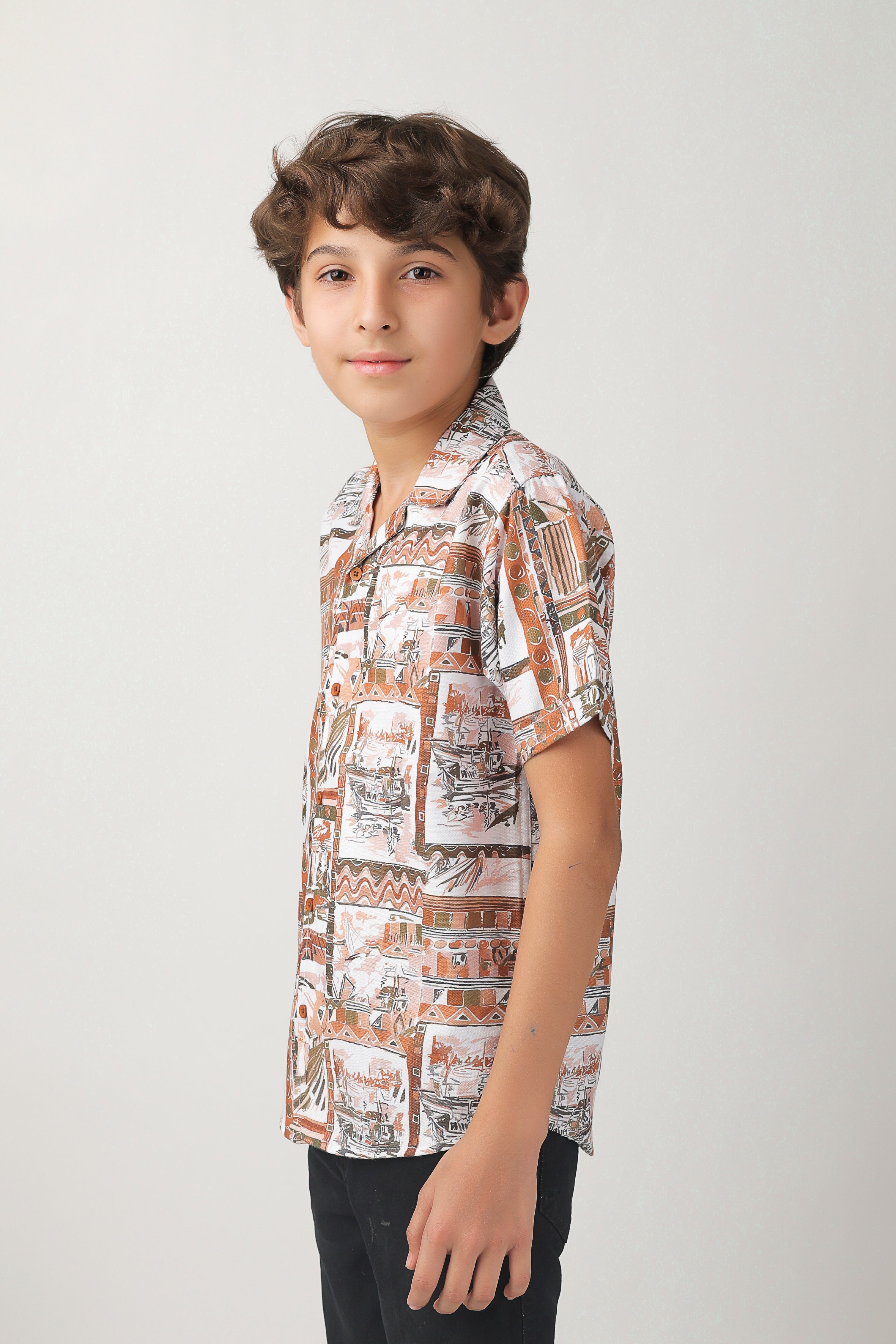 Boys' all-over print, camp-collar short-sleeve shirt