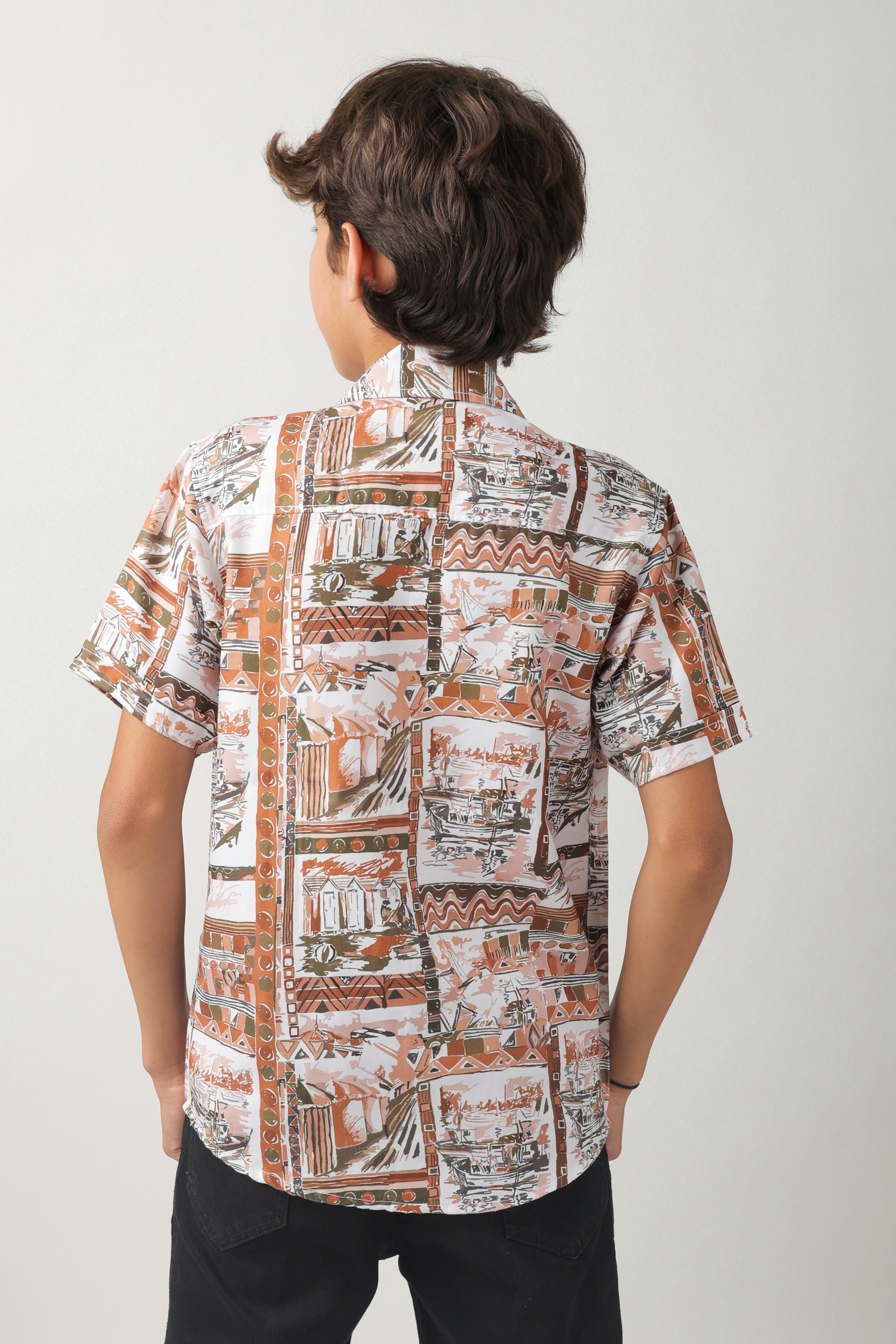Boys' all-over print, camp-collar short-sleeve shirt