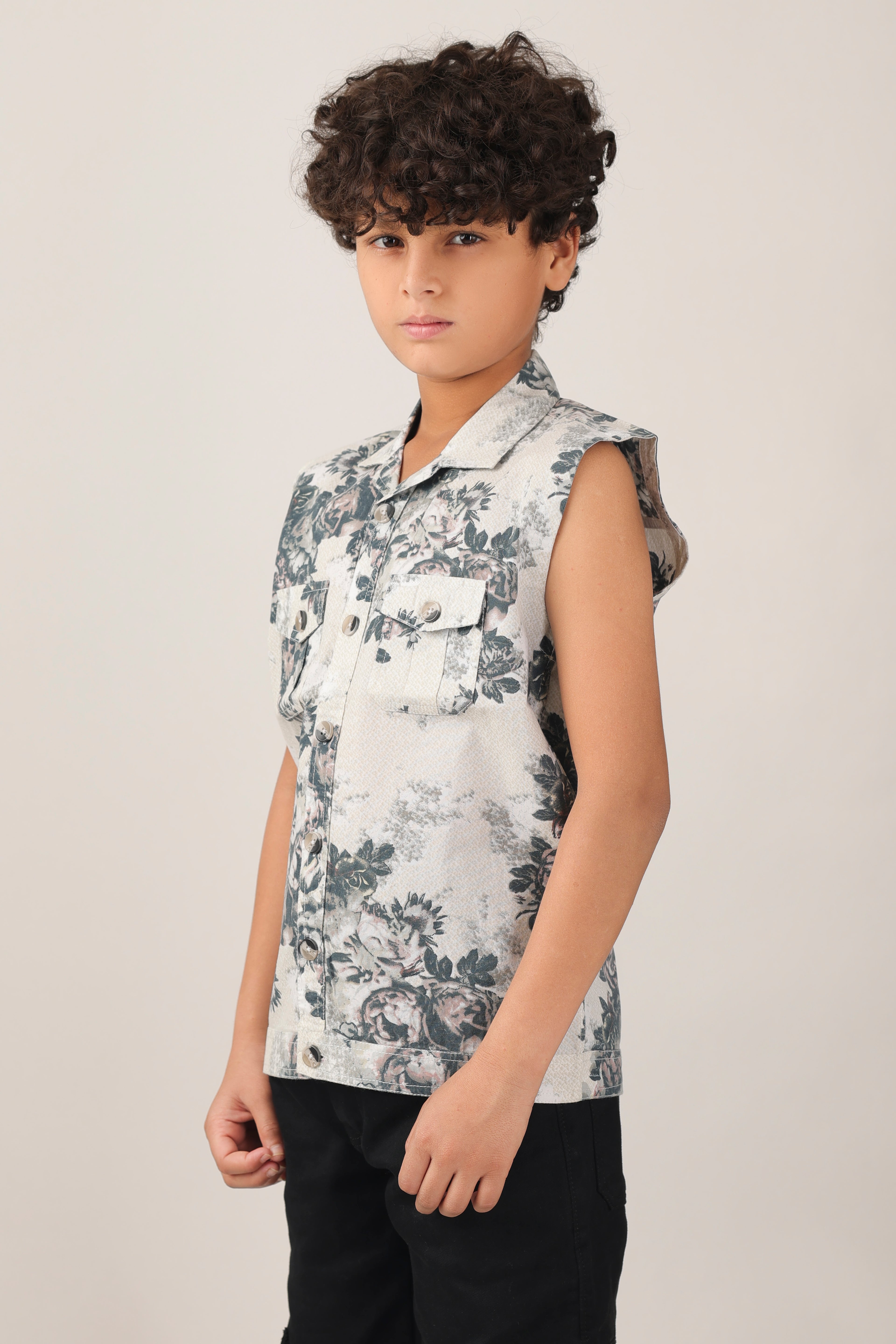 Boys' sleeveless over-shirt with over-all floral print