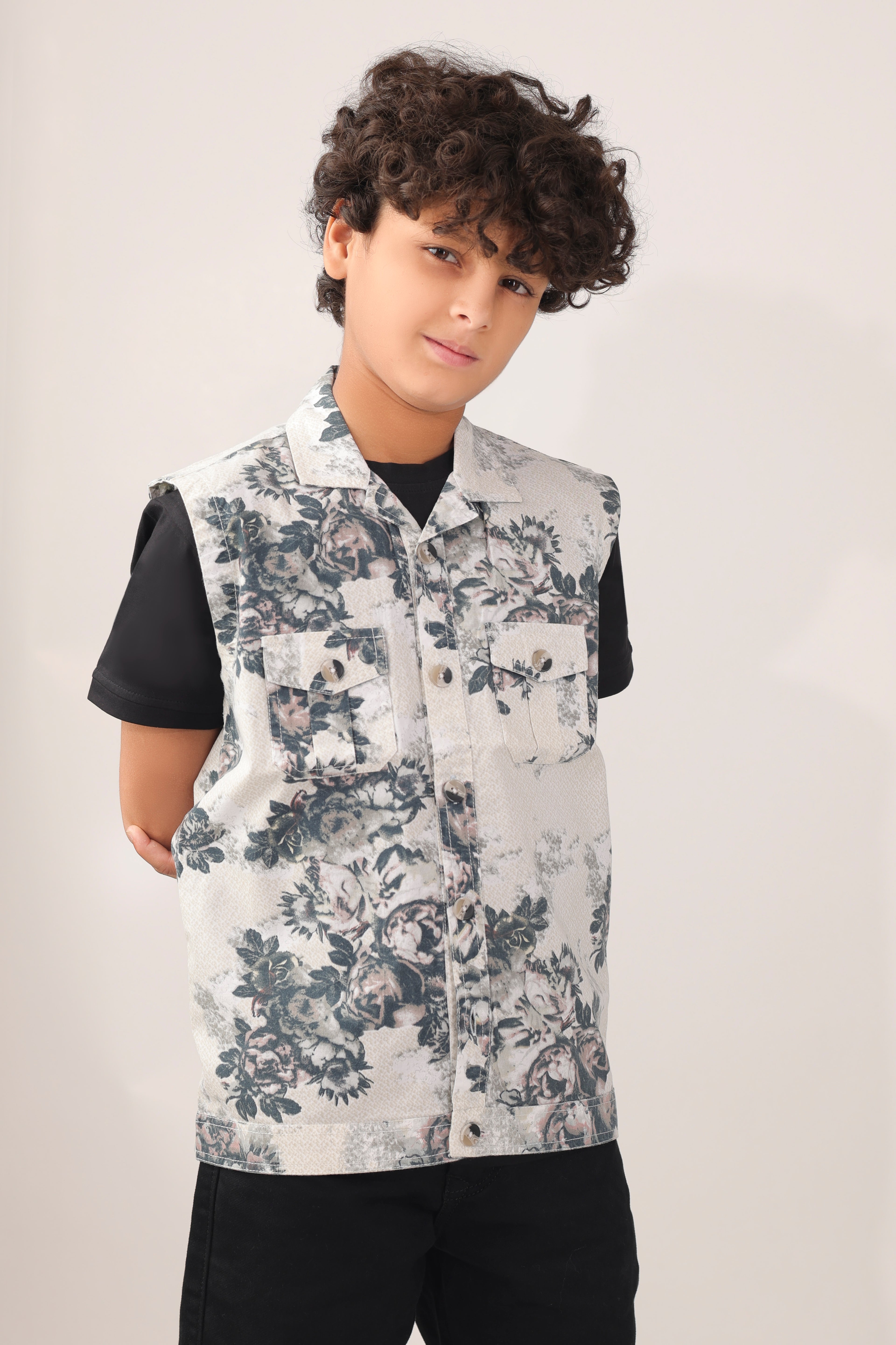Boys' sleeveless over-shirt with over-all floral print