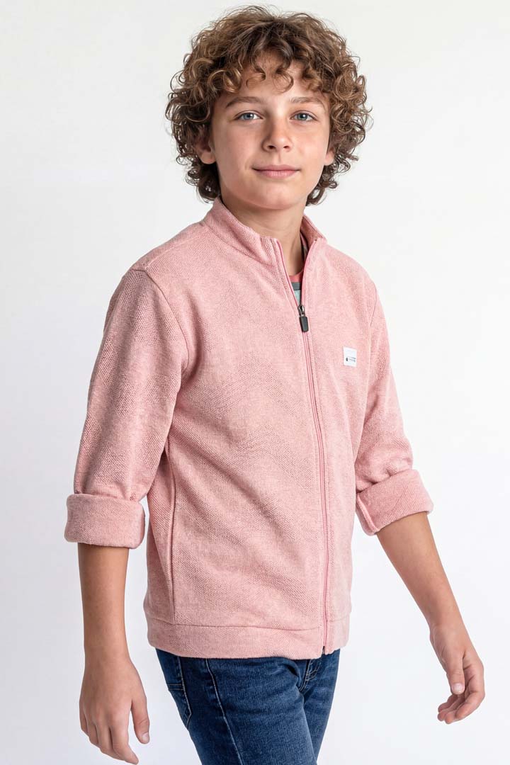 Boys' jacket with a full zip front and stand collar.