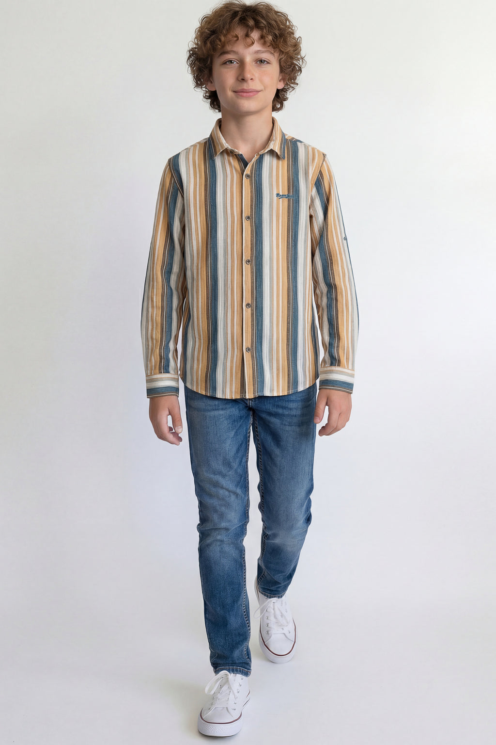 Mustard and teal striped casual shirt