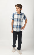 Boys' short-sleeve shirt features a classic blue and white checks
