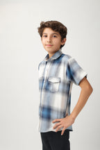Boys' short-sleeve shirt features a classic blue and white checks