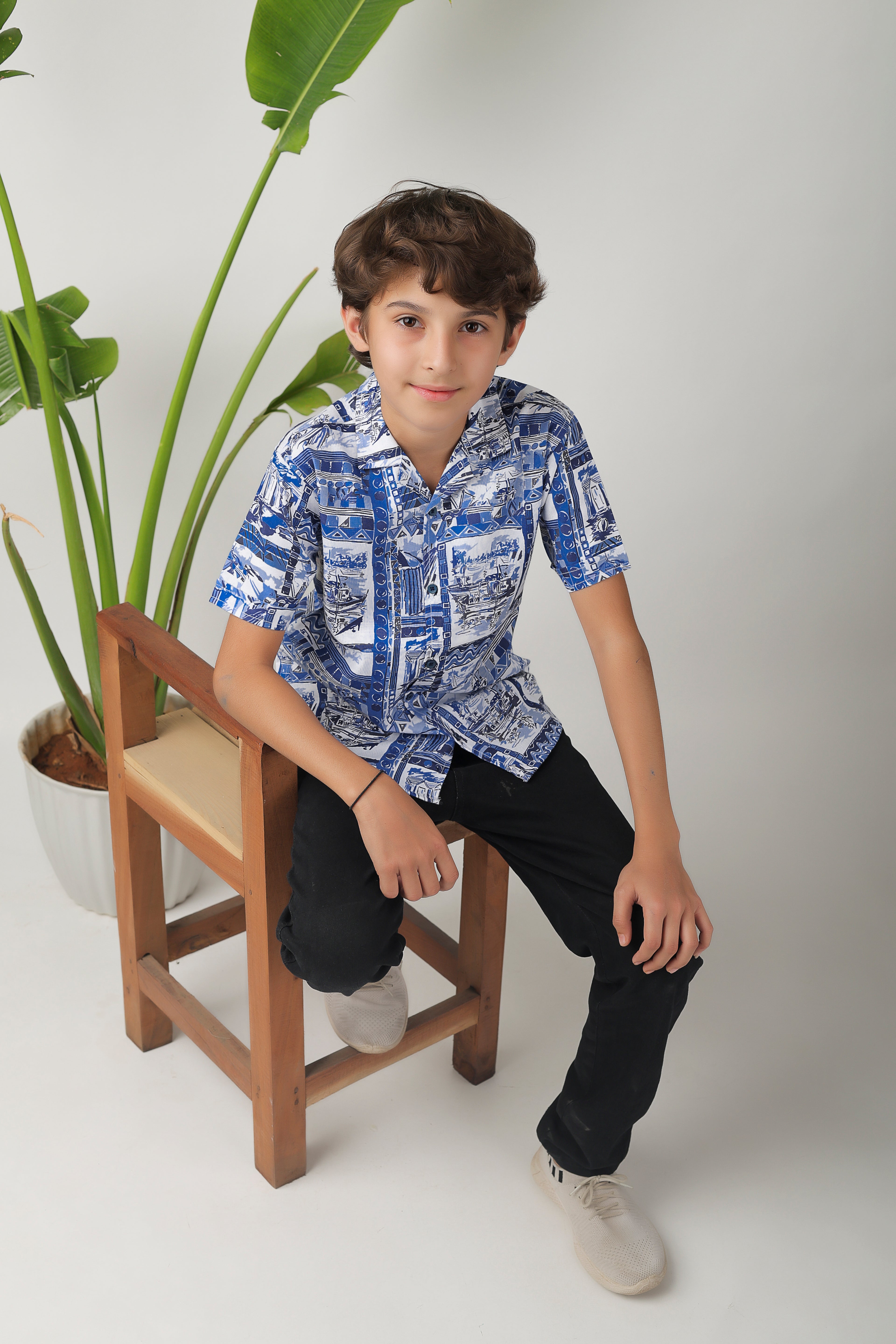 Boys' all-over print, camp-collar short-sleeve shirt