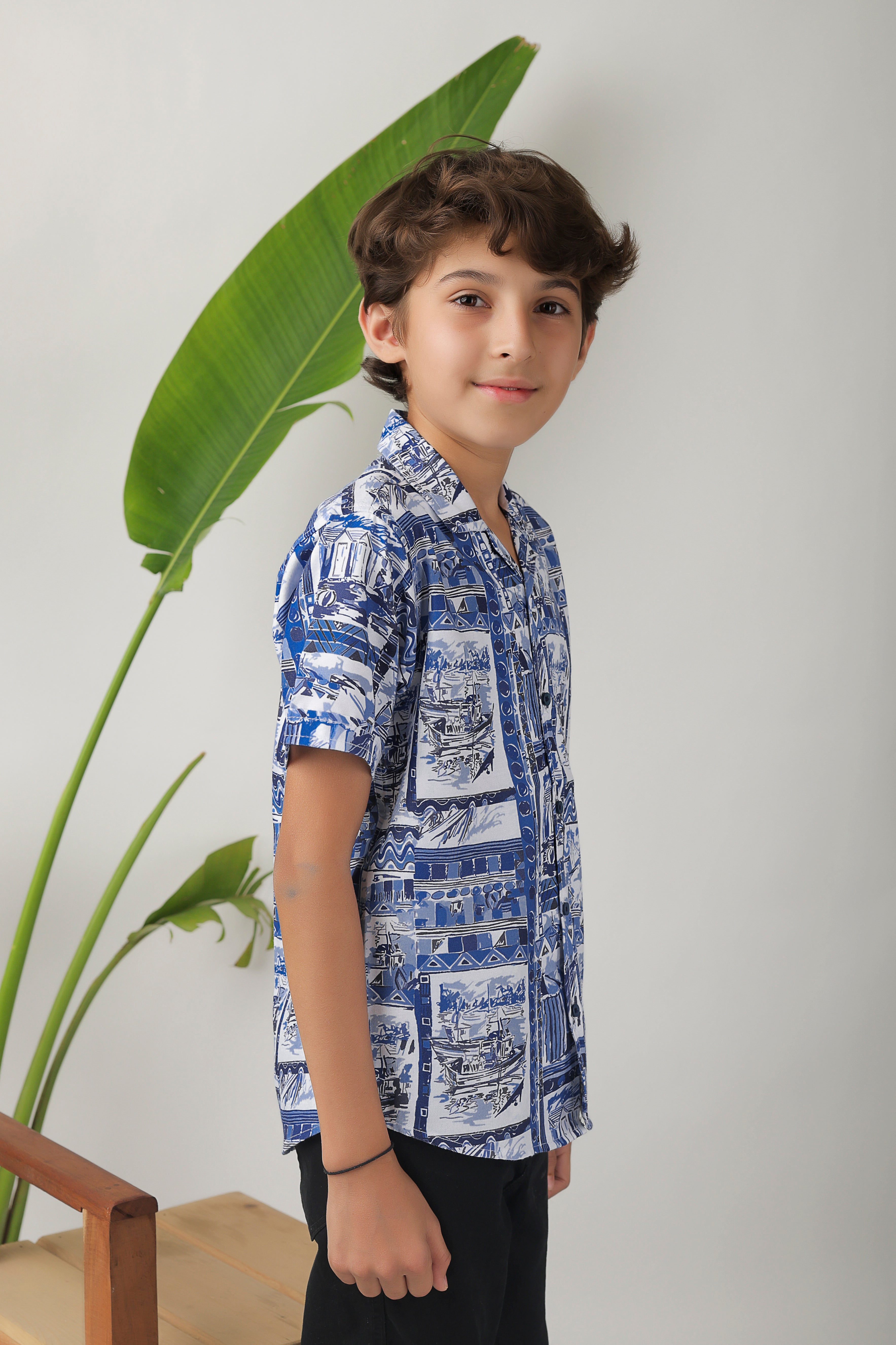 Boys' all-over print, camp-collar short-sleeve shirt