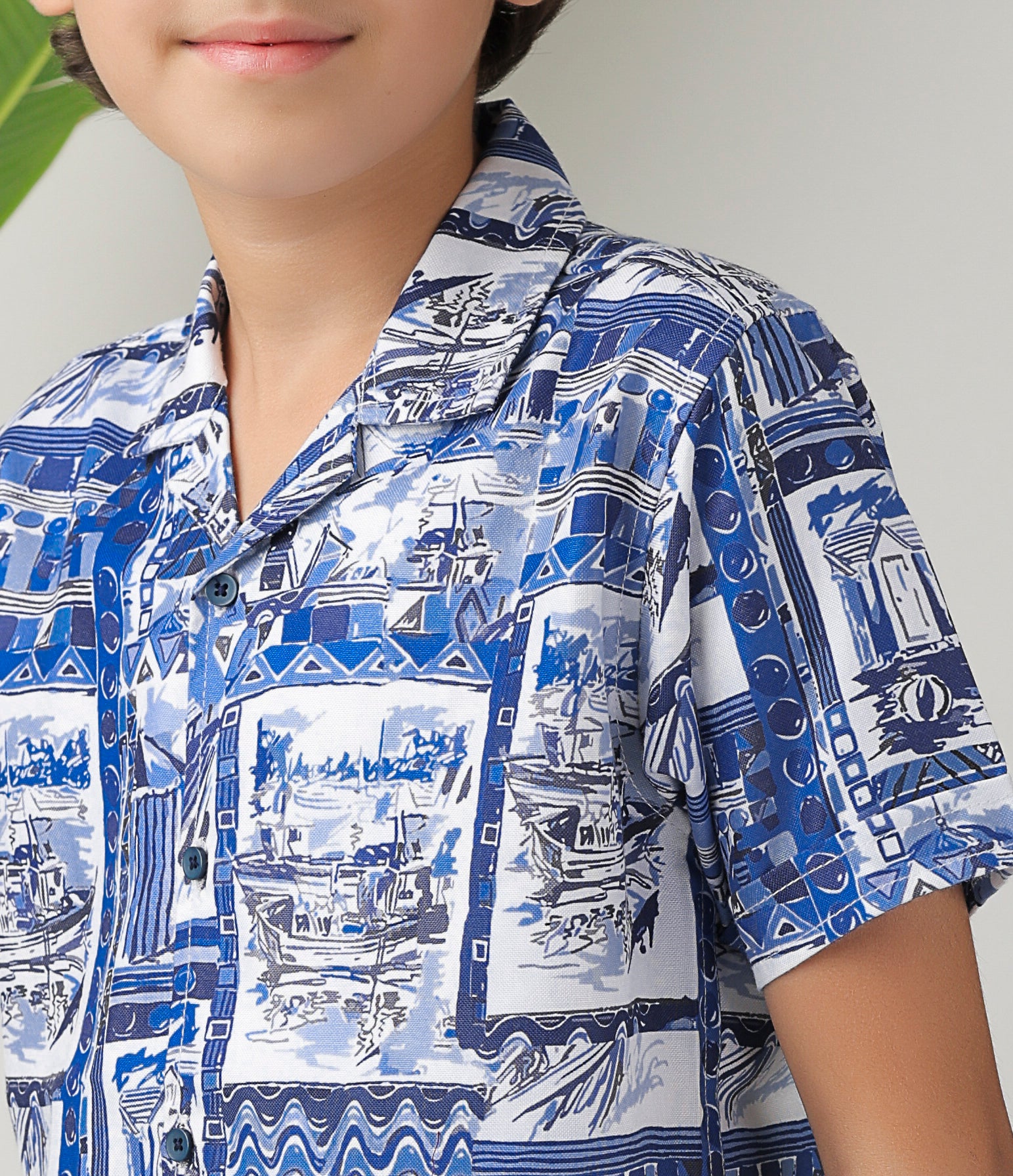 Boys' all-over print, camp-collar short-sleeve shirt