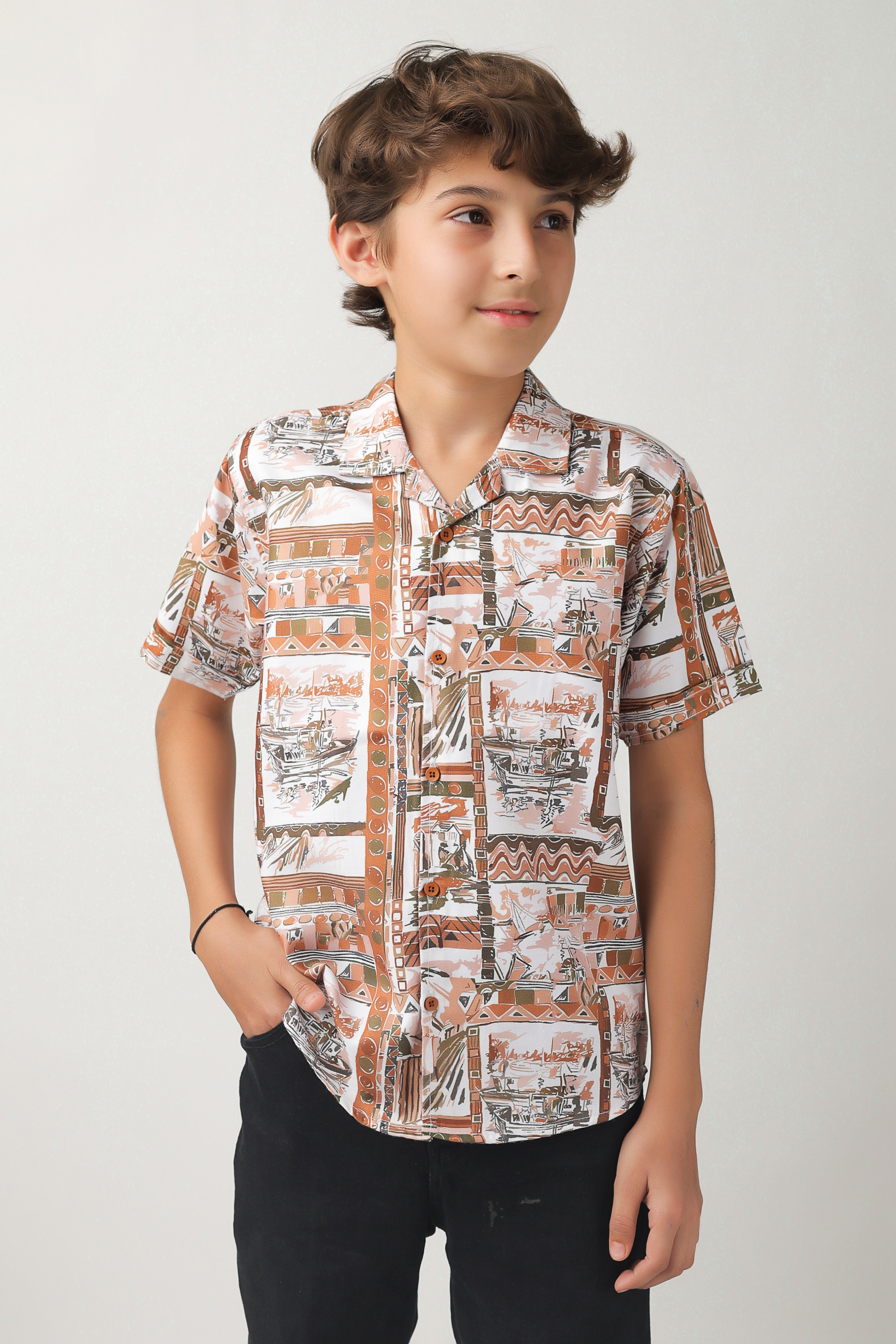 Boys' all-over print, camp-collar short-sleeve shirt