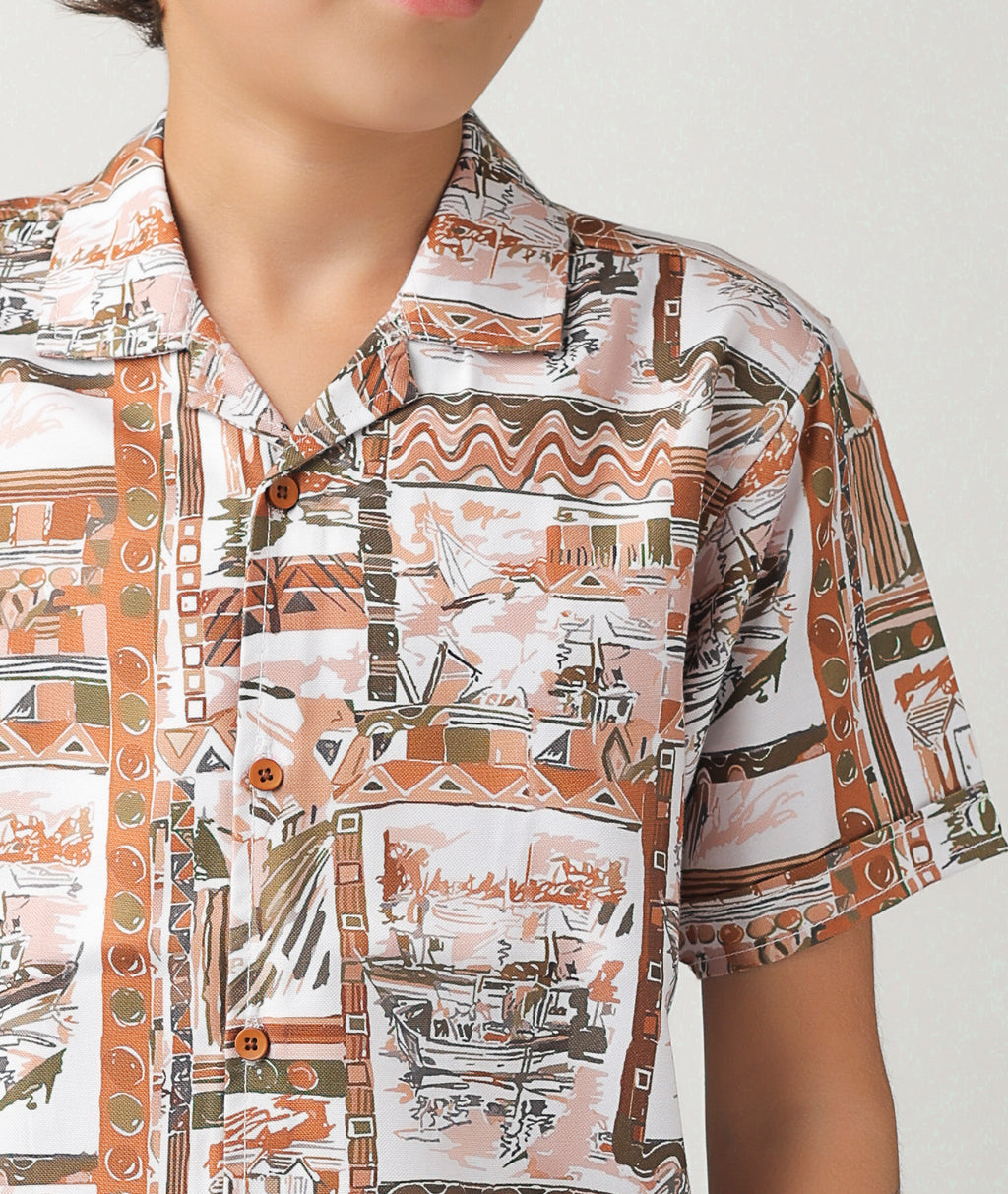 Boys' all-over print, camp-collar short-sleeve shirt