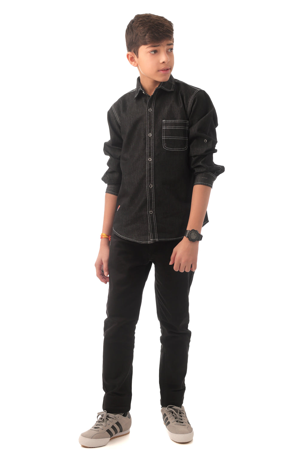 Black denim shirt with contrast stitching