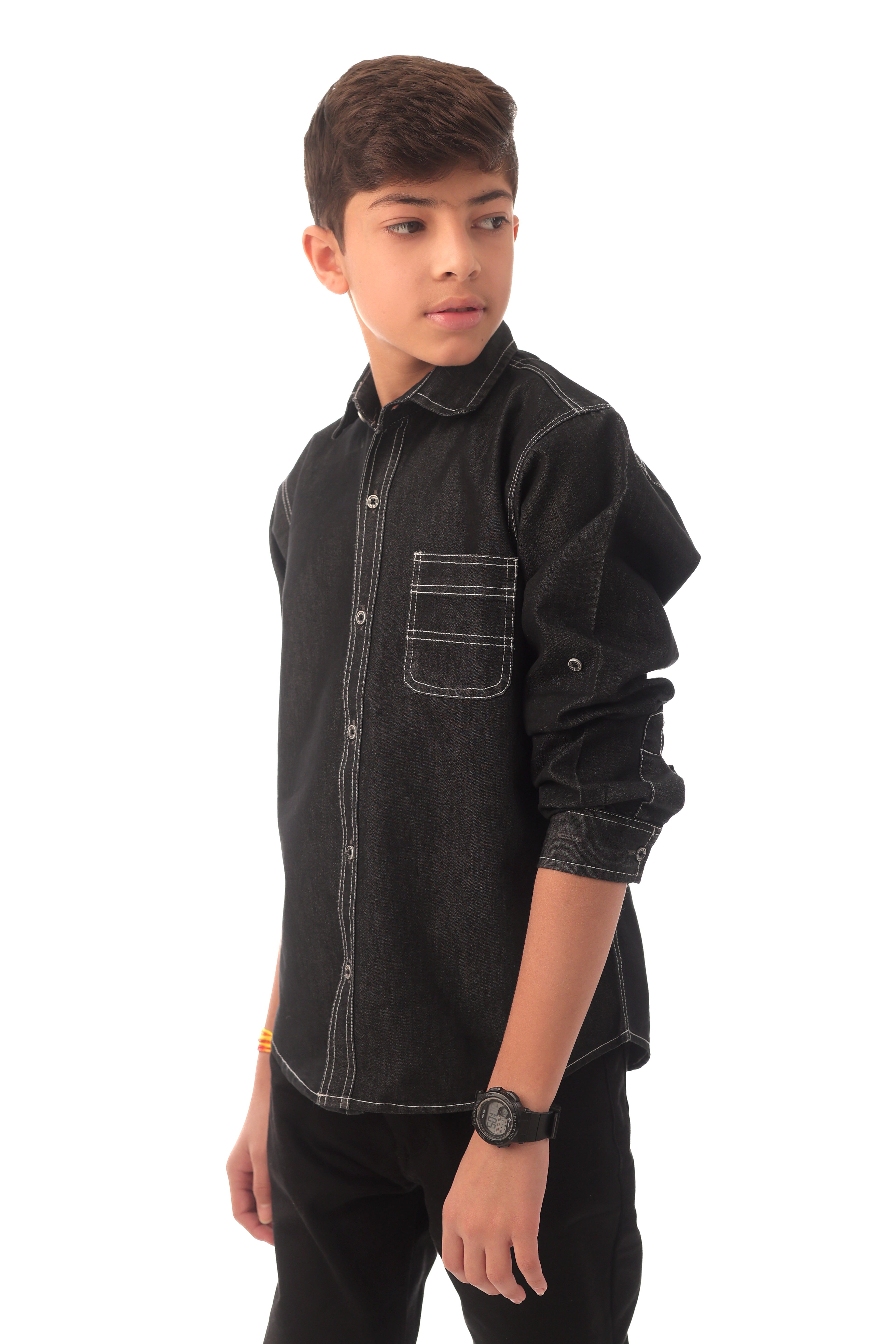 Black denim shirt with contrast stitching