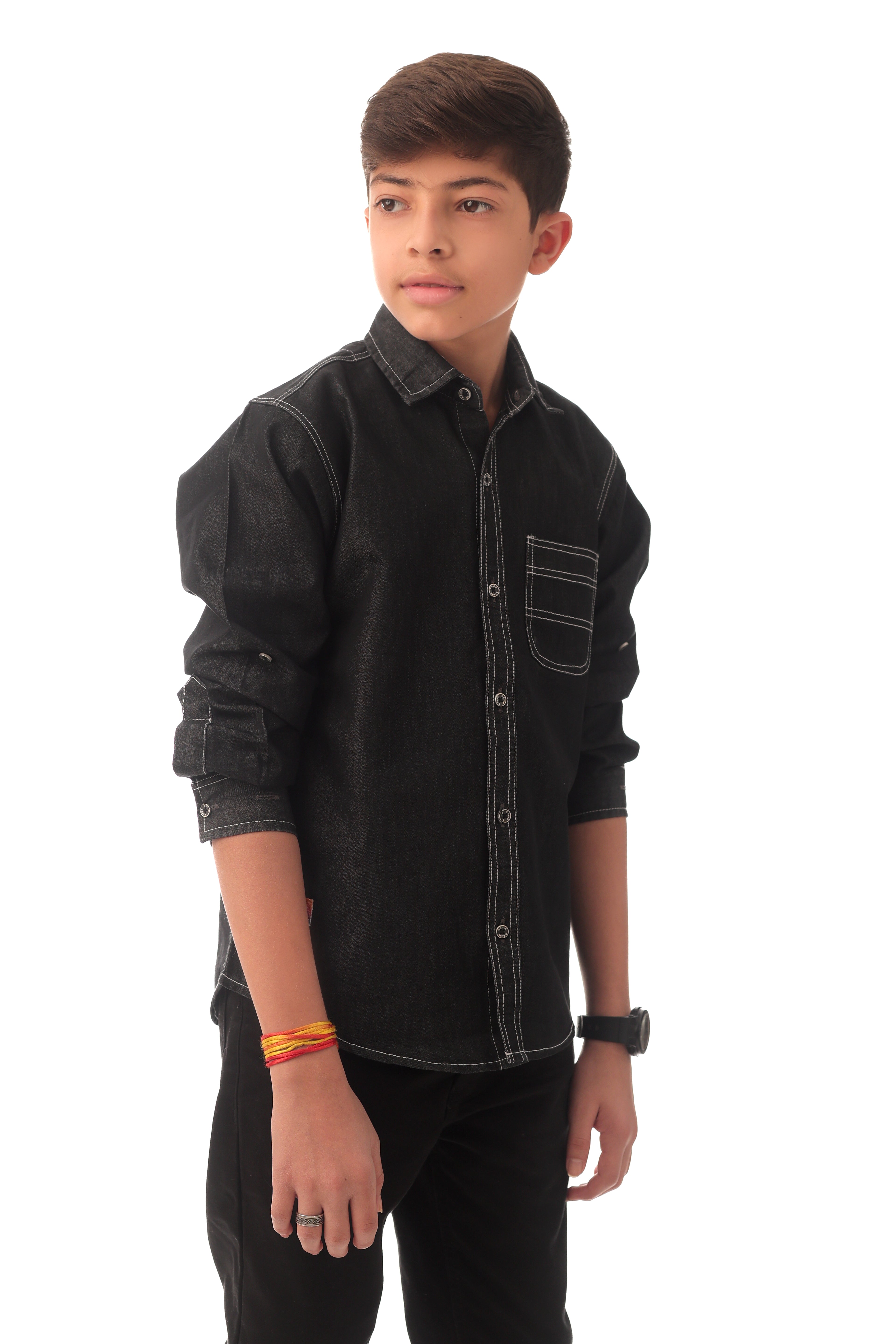 Black denim shirt with contrast stitching