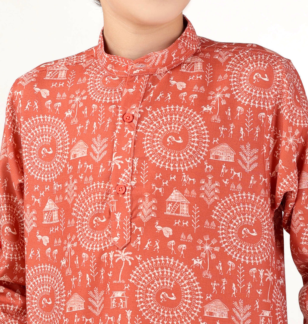 Stylish kurta with intricate white ethnic motifs